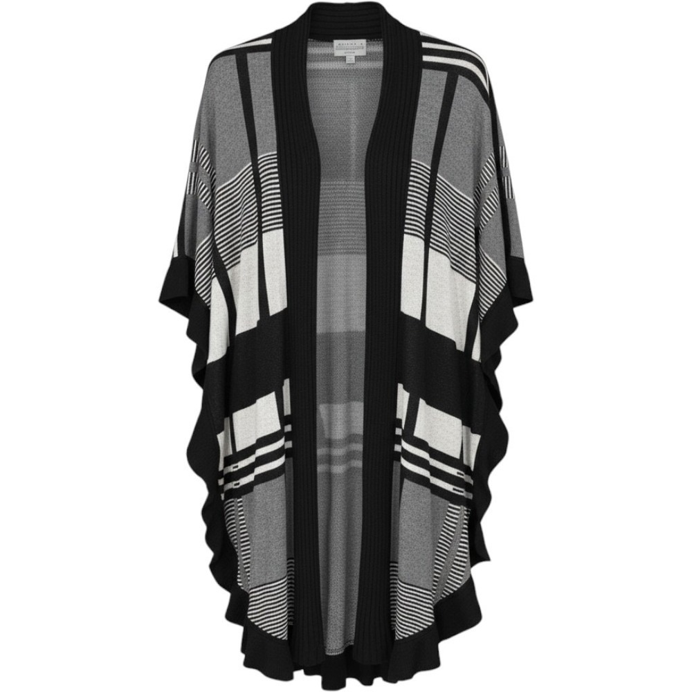 Joseph A. Woman‎ Grey Black Plaid Open Front Ruffle Cardigan Sweater 1X